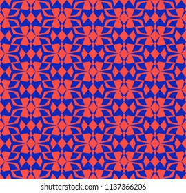 Vector geometric seamless pattern with angular shapes, grid, lattice. Bright colorful ornamental texture. Abstract background in blue and red colors. Repeat design for decoration, wallpapers, covers 
