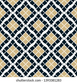 Vector geometric seamless pattern in Arabian style. Luxury abstract background. Simple graphic ornament. Elegant black and gold texture with diamonds, rhombuses, mesh, lattice, net, grid, repeat tiles