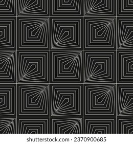 Vector geometric seamless pattern in art deco style. Elegant minimal black and white background with thin lines, squares, diamonds, repeat tiles. Modern abstract monochrome texture. Dark geo design