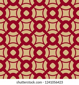 Vector geometric seamless pattern in Asian style. Red and gold traditional Chinese ornament. Luxury ornamental texture. Elegant abstract repeat background with circles, curved shapes, grid, lattice