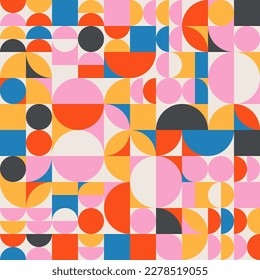 Vector geometric seamless pattern. Bauhaus style banner with simple shapes. Vivid primary colors. Retro 70s inspired geometric vibrant colorful web background banner