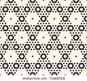 Vector geometric seamless pattern with big and small hexagons in hexagonal grid. Abstract modern background. Monochrome repeat texture, perforated surface. Design for decor, print, wrapping, embossing