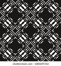 Vector geometric seamless pattern. Black and white graphic background with grid, diamond shapes, crossing lines, lattice. Simple abstract ornament. Elegant monochrome texture. Dark repeat design