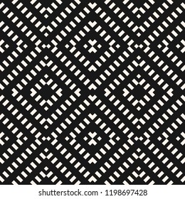 Vector geometric seamless pattern. Black and white abstract graphic background with diagonal lines, squares, rhombuses, grid. Wicker texture. Ethnic tribal style ornament. Design for decor, textile