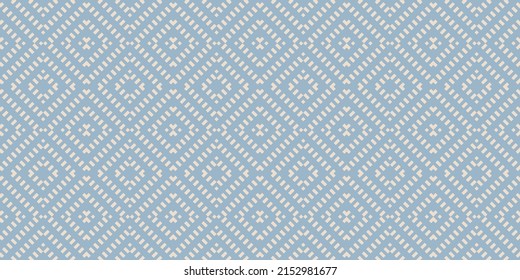 Vector geometric seamless pattern. Blue and beige abstract graphic background with squares, rhombuses, grid. Simple wicker texture. Ethnic tribal style ornament. Repeat retro vintage geo design