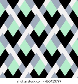 Vector geometric seamless pattern with bold lines and mosaic tiles in blue, grey, mint green, pastel color. Modern print with diamond shape for fall winter fashion. Abstract tech op art background