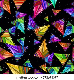 Vector geometric seamless pattern. Bright vivid triangles on black background like cosmic shapes in night dark sky with stars. Psychedelic colorful art perfect for textile. Objects hidden under mask.