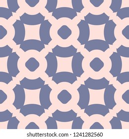 Vector geometric seamless pattern with carved shapes, grid, lattice, circles, squares. Elegant texture in pastel colors, blue and pink. Cute abstract background. Repeatable design for decor, textile