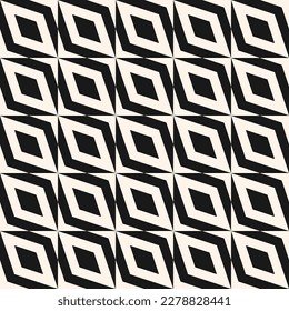 Vector geometric seamless pattern with checkered grid, repeat tiles, diagonal rhombuses. Optical art. Simple abstract black and white ornament. Stylish monochrome geo background. Repeating design 