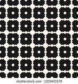 Vector geometric seamless pattern with circles, dots, carved lattice, square grid, repeat tiles. Simple ornamental texture. Abstract monochrome background. Design for decor, wallpapers, covers, print