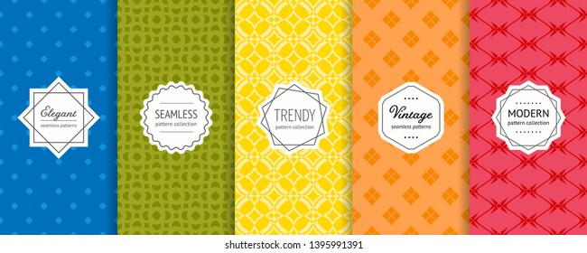 Vector geometric seamless pattern collection. Set of bright colorful background swatches with elegant modern labels. Cute minimal abstract textures. Pretty design with floral elements, dots, grid