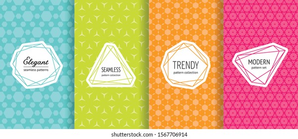 Vector geometric seamless pattern collection. Set of bright colorful background swatches with modern labels. Cute abstract textures. Design with hexagons, triangles. Blue, green, orange, pink color