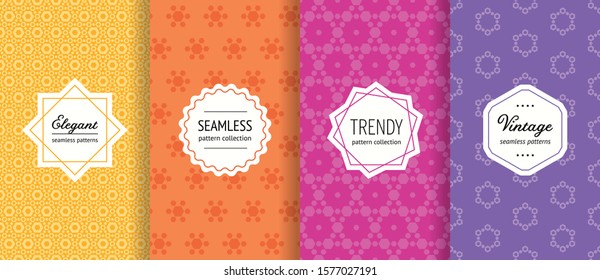Vector geometric seamless pattern collection. Set of bright colorful background swatches with modern labels. Cute abstract textures. Design with hexagons, triangles. Yellow, orange, pink, purple color