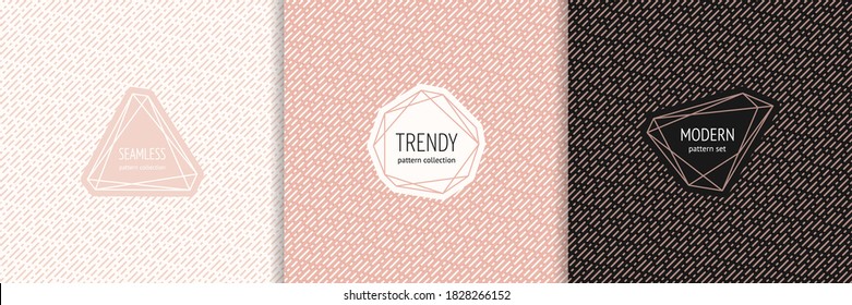 Vector geometric seamless pattern collection with stylish minimal labels. Simple texture with thin diagonal dash lines. Modern background in black, white and pink color. Universal design template 