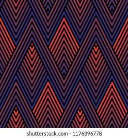 Vector geometric seamless pattern with colorful zigzag lines, stripes, chevron, halftone rhombuses. Abstract sport graphic texture. Trendy background in 1980s - 1990s style. Red and purple gradient