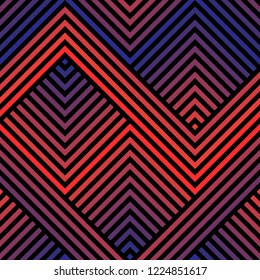 Vector Geometric Seamless Pattern With Colorful Zigzag Lines, Stripes, Chevron, Halftone Squares. Abstract Sport Style Graphic Texture. Trendy Background In 1980-1990’s Style. Red And Blue Gradient