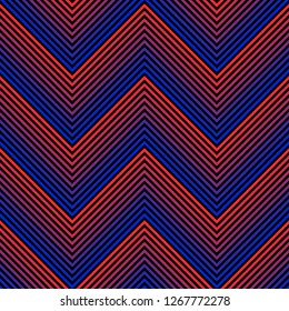 Vector geometric seamless pattern with colorful zigzag lines, stripes, chevron. Abstract neon sport graphic texture with red and blue halftone effect. Trendy background in retro 1980-1990’s style