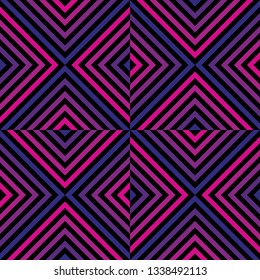 Vector geometric seamless pattern with colorful lines, stripes, square tiles, rhombuses. Abstract repeat graphic texture in pink, blue, purple and black color. Trendy background in 1980s - 1990s style