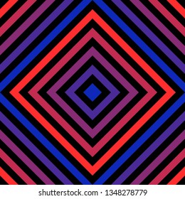 Vector geometric seamless pattern with colorful diagonal lines, rhombuses. Abstract graphic texture with red and blue neon gradient stripes. Retro 1980-1990's fashion design. Sport style background 