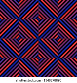 Vector geometric seamless pattern with colorful squares tiles, rhombuses, diagonal lines. Abstract graphic texture with red and blue neon gradient stripes. Retro 90's style design. Repeat background