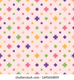 Vector geometric seamless pattern with colorful stars, small flowers, squares, diamonds, dots. Simple abstract floral ornament. Funky texture. Cute minimal background. Repeat design for wallpapers