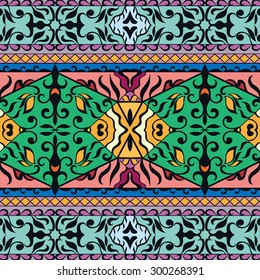 Vector geometric seamless pattern, colorful abstract background with hand drawn repeating texture. Tribal ethnic arabic Indian ornament
