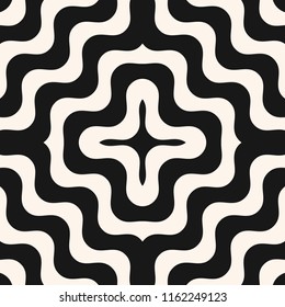 Vector geometric seamless pattern with concentric wavy lines, stripes, curved shapes. Stylish abstract black and white background. Simple modern monochrome texture. Repeatable design for decor, covers
