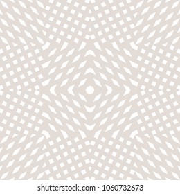 Vector geometric seamless pattern with cross diagonal lines, stripes, intersecting elements. Modern abstract repeatable geometry design. Optical art style. Subtle white and beige background texture