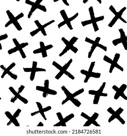 Vector geometric seamless pattern with crosses. Hipster monochrome texture with crosses or pluses. Hand drawn brush strokes. Black and white geometric vector ornament. Simple x symbols.