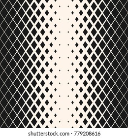 Vector Geometric Seamless Pattern With Crystals, Rhombuses, Diamond Shapes. Halftone Gradient Transition Effect. Trendy Monochrome Background. Abstract Black & White Texture. Hipster Fashion Design