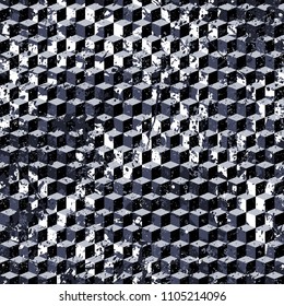 Vector geometric seamless pattern with cubes and overlapping shapes in black and white. Blocked modern bold print for sport fashion. Abstract dynamic techno background with paint splash and splatter