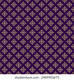 Vector geometric seamless pattern with curly shapes, curved lines, small floral silhouettes. Simple damask style ornament texture. Gold and dark purple abstract background. Repeated golden geo design