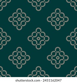 Vector geometric seamless pattern with curly shapes, curved lines, floral silhouettes. Simple dark green ornament texture. Endless abstract ornate background. Repeated geo design for decor, textile