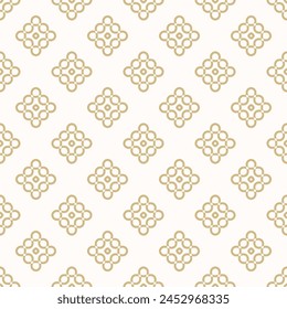 Vector geometric seamless pattern with curly shapes, curved lines, floral silhouettes. Simple gold and white ornament texture. Endless abstract golden background. Repeating design for decor, print