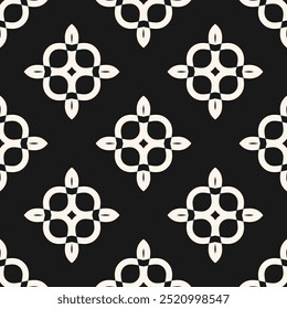 Vector geometric seamless pattern with curly shapes, curved lines, floral silhouettes. Simple black and white damask style ornament texture. Endless abstract background. Dark repeating geo design