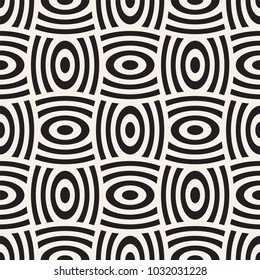 Vector geometric seamless pattern with curved shapes grid. Abstract monochrome rounded lattice texture. Modern textile background design