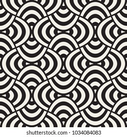 Vector geometric seamless pattern with curved shapes grid. Abstract monochrome rounded lattice texture. Modern textile background design