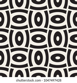 Vector geometric seamless pattern with curved shapes grid. Abstract monochrome rounded lattice texture. Modern repeating textile background design