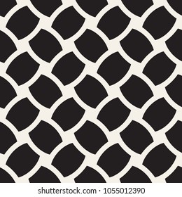 Vector geometric seamless pattern with curved shapes grid. Abstract monochrome rounded lattice texture. Modern repeating textile background design