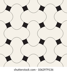Vector geometric seamless pattern with curved shapes grid. Abstract monochrome rounded lattice texture. Modern repeating textile background design
