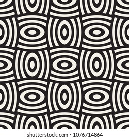 Vector geometric seamless pattern with curved shapes grid. Abstract monochrome rounded lattice texture. Modern repeating textile background design