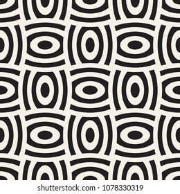 Vector geometric seamless pattern with curved shapes grid. Abstract monochrome rounded lattice texture. Modern repeating textile background design