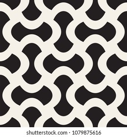 Vector geometric seamless pattern with curved shapes grid. Abstract monochrome rounded lattice texture. Modern repeating textile background design