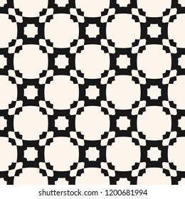 Vector geometric seamless pattern with curved shapes, squares, crosses, repeat tiles. Abstract black and white checkered texture. Elegant monochrome background. Design for decor, fabric, furniture