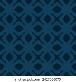 Vector geometric seamless pattern with curved shapes, floral grid, mesh, net, lattice. Simple dark blue ornament texture with big flower silhouettes, leaves. Subtle minimal abstract repeat background