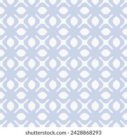 Vector geometric seamless pattern with curved shapes, floral grid, mesh, net, lattice. Simple soft blue and white ornament texture with flower silhouettes, leaves. Minimal abstract repeated background