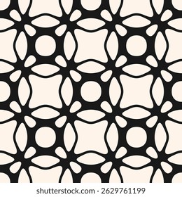 Vector geometric seamless pattern with curved lines, grid, net, lattice, floral silhouettes, repeat tiles. Elegant abstract black and white background. Monochrome ornament texture. Stylish design