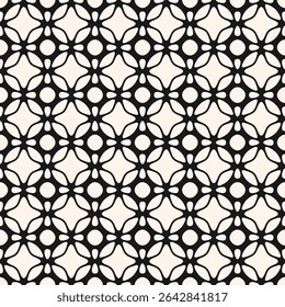 Vector geometric seamless pattern with curved lines, grid, net, lattice, floral silhouettes, repeat tiles. Simple elegant black and white background. Abstract ornament texture. Stylish all-over design