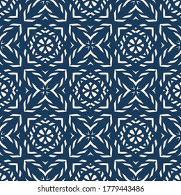 Vector geometric seamless pattern. Dark blue ornamental texture in ethnic style. Abstract mosaic background. Endless ornament. Elegant repeat design for decor, print, fabric, textile, cloth, wallpaper