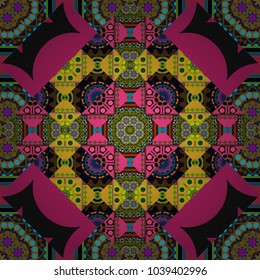 Vector geometric seamless pattern. For decor, fabric, textile, cloth. Ornamental texture with linear shapes, zigzag lines, lace pattern. Simple abstract background in black, magenta and brown colors.